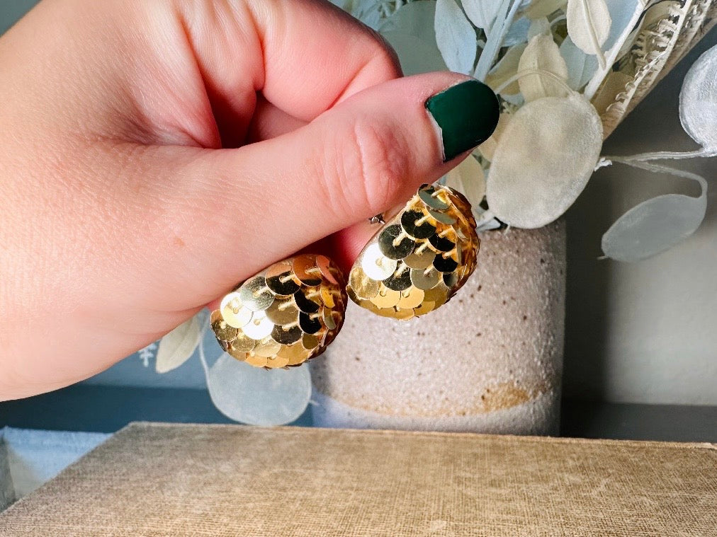Gold Sequin Earrings, 1970s Party Earrings, Pierced Post Earrings, Big Gold Dome Earrings Covered in Sequins, Authentic Disco Earrings