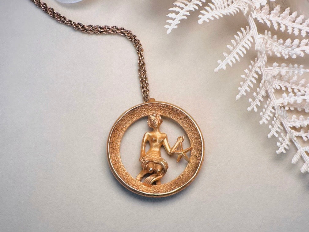 RARE Vintage Virgo Zodiac Necklace, Signed Trifari Star Sign Astrology Necklace September Birthday Gift Necklace, Long Gold Pendant Necklace