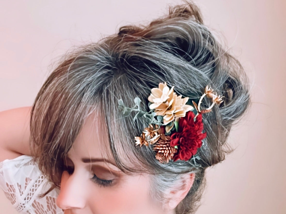 Rustic Autumn Hair Clip, Cranberry Red Fall Foliage Wedding Hair, Woodland Fairy Floral Fascinator Burnt Copper Bridal Hair Accessories