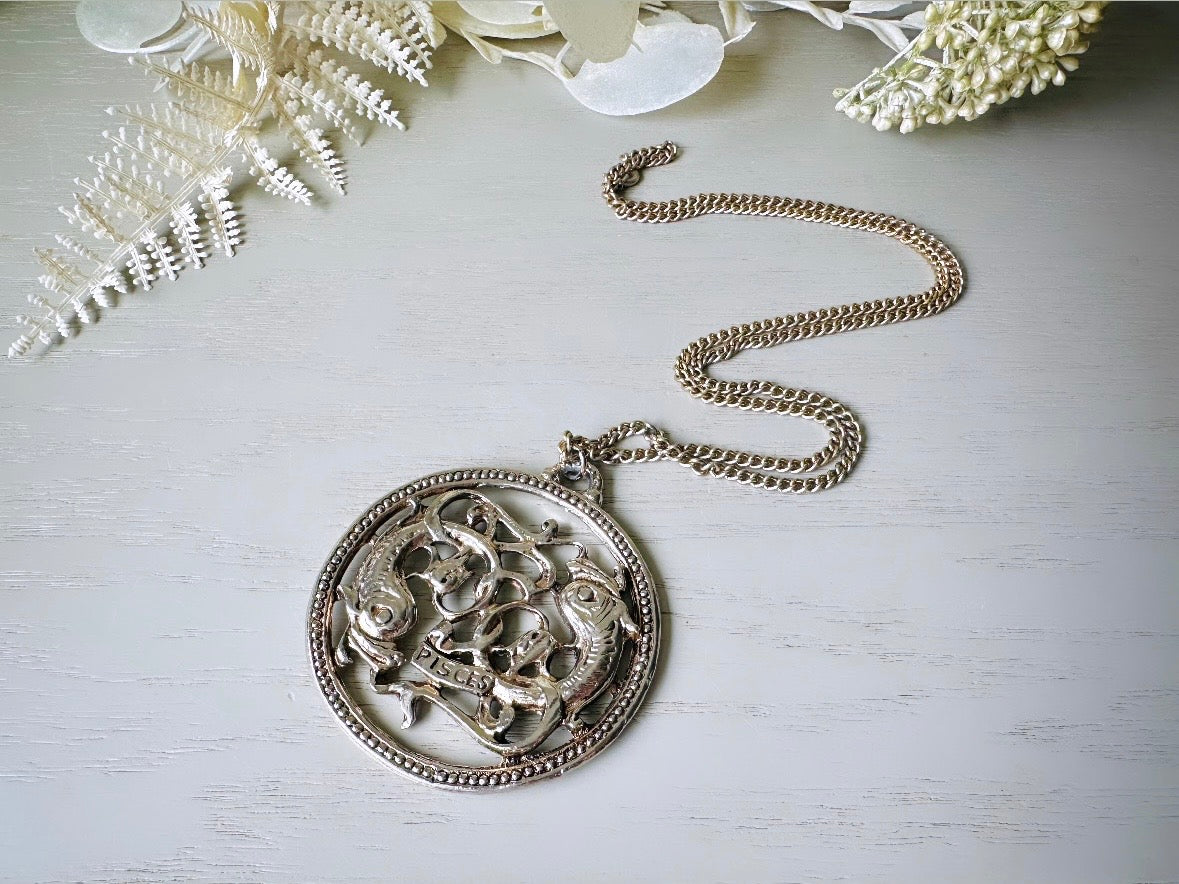 Vintage Pisces Zodiac Necklace, Star Sign Astrology Necklace, Unique Birthday Necklace, 24" Long Silver Pendant Necklace Vintage Astrology