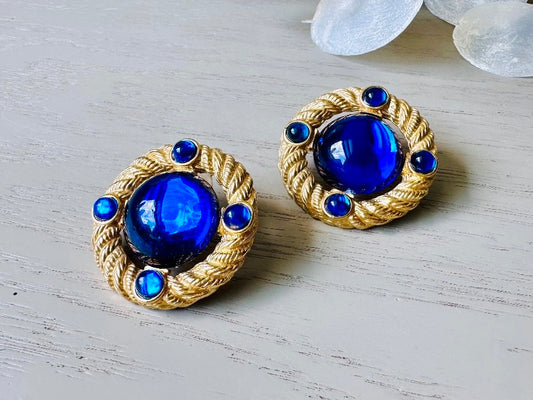 Vintage Blue & Gold Earrings,  Big Park Lane Oversized Rope Border Earrings with Deep Blue Cabochons, 1980s Pierced Post Back Party Earrings