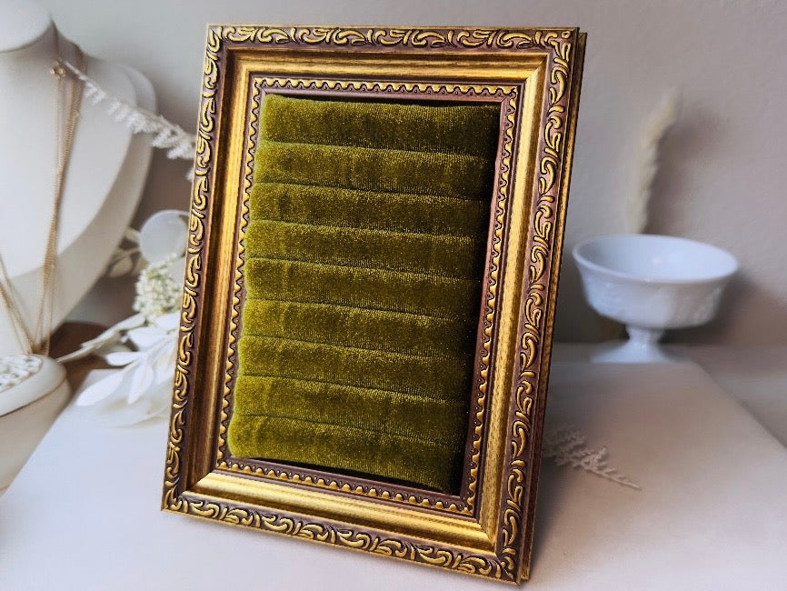 Velvet Jewelry Display Frame, Handmade Victorian Style Olive Green Ring Holder