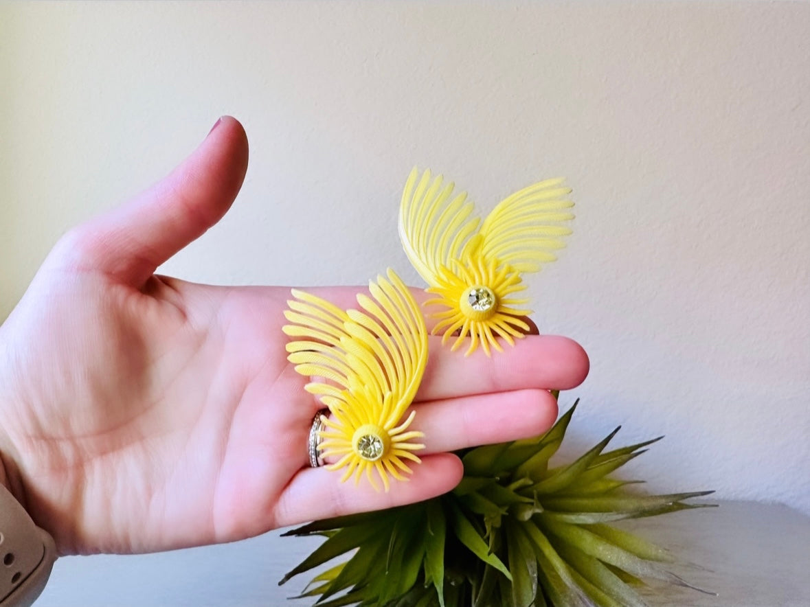 Canary Yellow 1960s Clip On Earrings, New Deadstock Vintage Earrings, Bright Yellow Flower Earrings, Wing Feather Statement Earrings