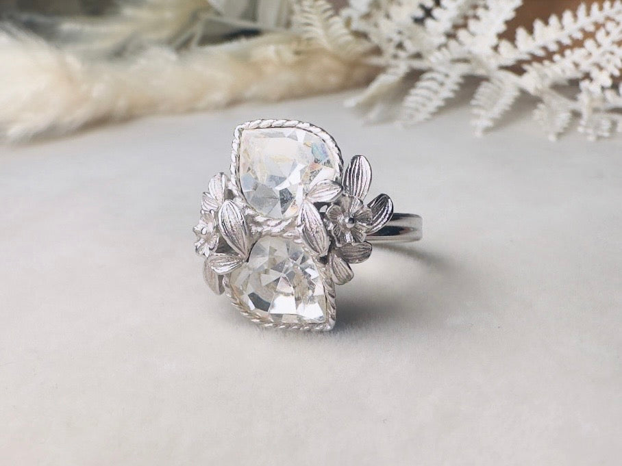Vintage Heart Ring, 1970s Double Heart Love Story Ring, Diamond April Birthstone Cocktail Ring, Silver Rhinestone Heart Vintage Ring