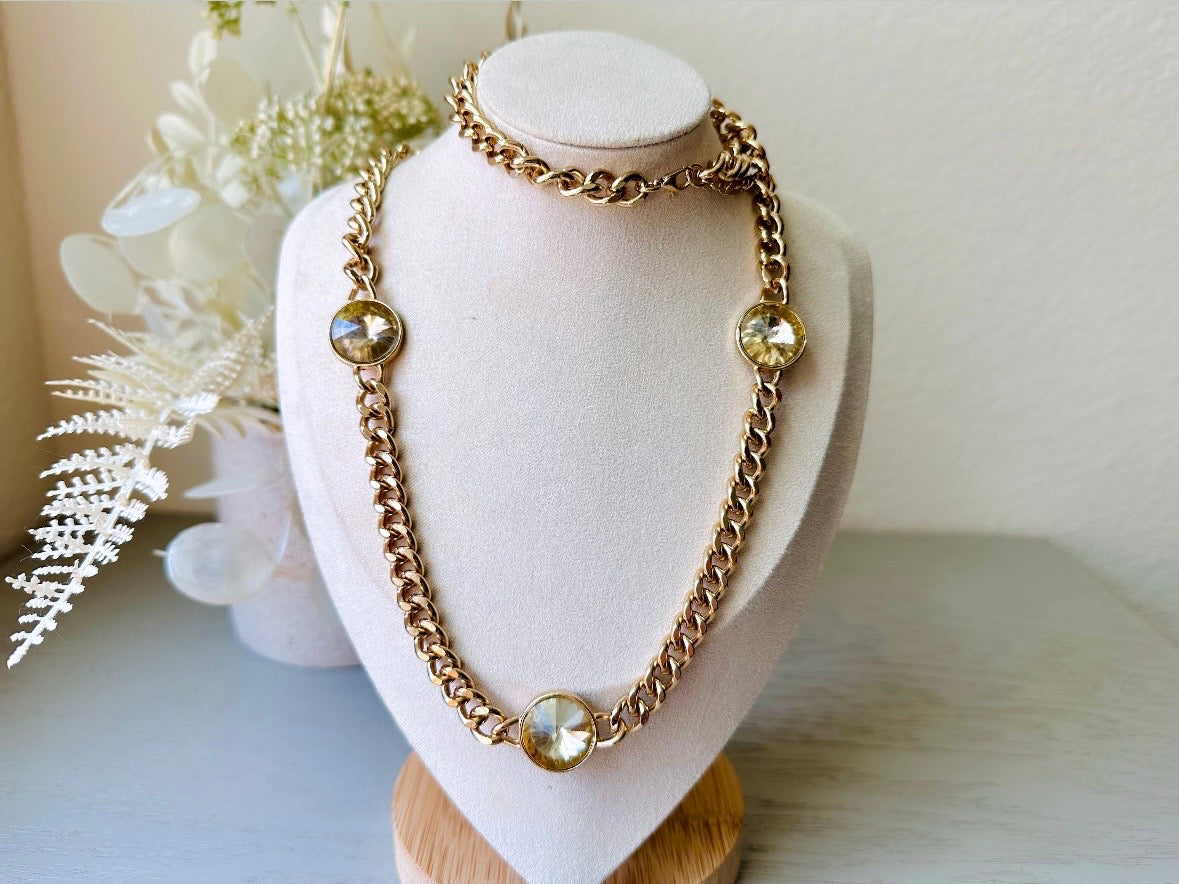 Gold Vintage Lariat Chain Necklace with Triple Stone Swarovski Rivoli Crystals, Layered Look Bold 80s Mogul Style