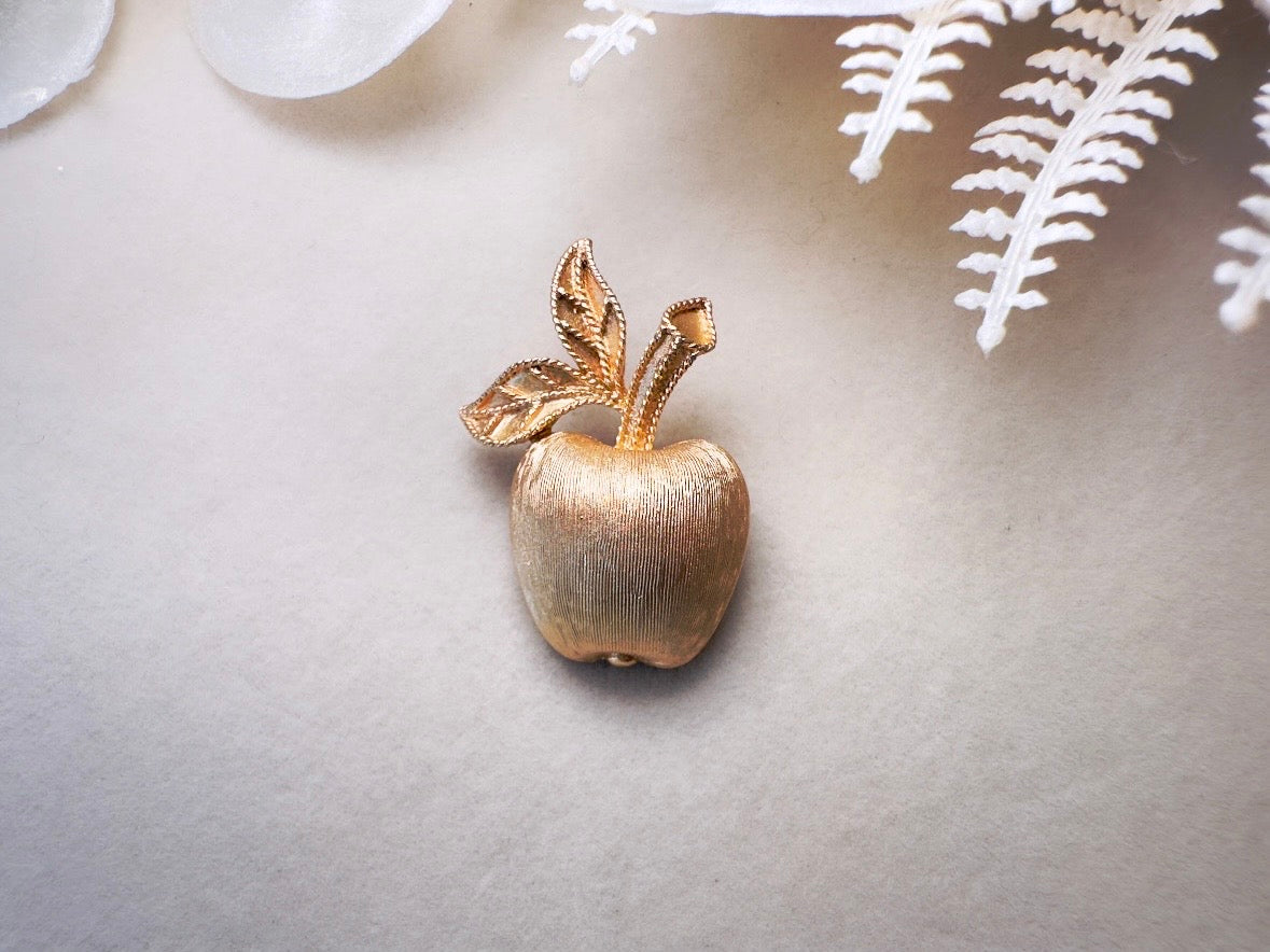 Gold Apple Brooch, 1974 Gilded Apple Vintage Brooch, Small Brushed Gold Understated Pin