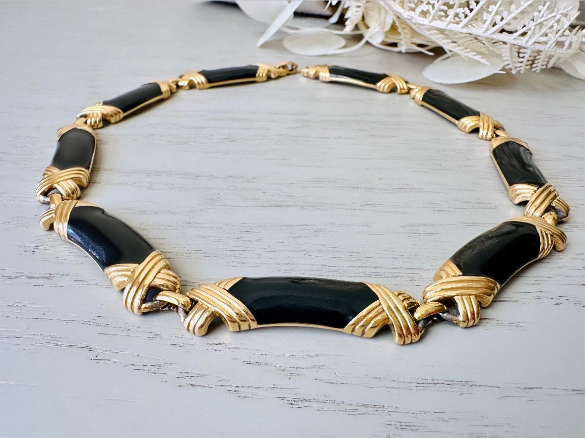 Vintage Monet Necklace Black Enamel and Gold X Choker Necklace, Runway Couture Signed Designer Vintage 1980s Mogul Necklace