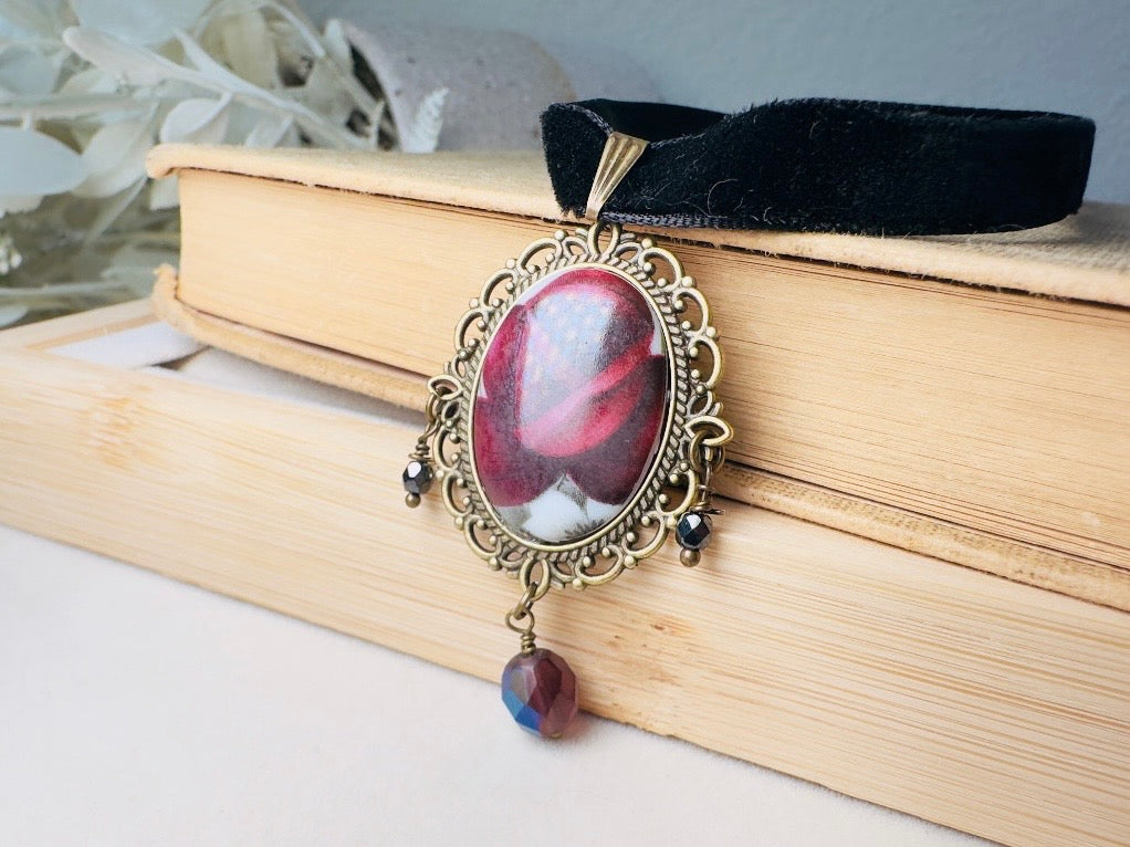 Victorian Choker with Burgundy Rose Vintage Cameo and Black Velvet Ribbon, Handmade Gothic Choker with Flower Pendant and Crystals