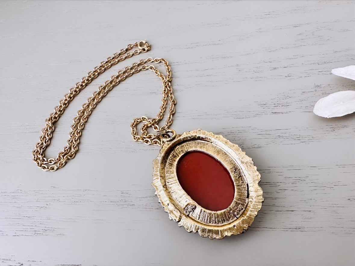 Vintage Cameo Necklace, Antique Gold Victorian Necklace, Large Red and Cream Raised Cameo Statement Necklace, Victorian Revival Cameo