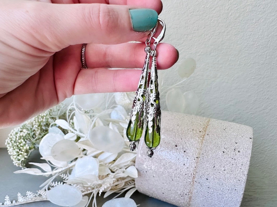 Green Teardrop Earrings, Handmade Art Nouveau Earrings, Silver Filigree Cones, Long Glass Pierced Dangle Drops, Green Earrings