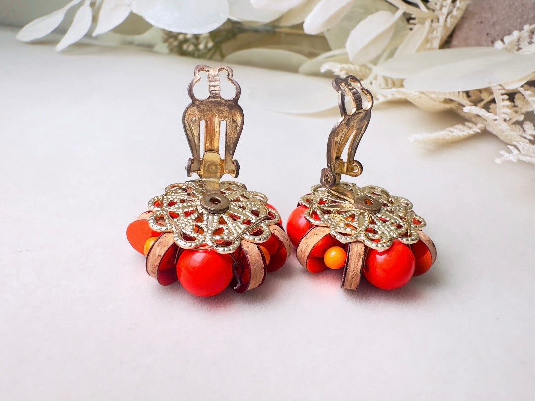 Vintage Japanese Earrings, Colorful 60s Earrings in Red + Orange with Wood and Sequins, Beaded Clip On Earrings
