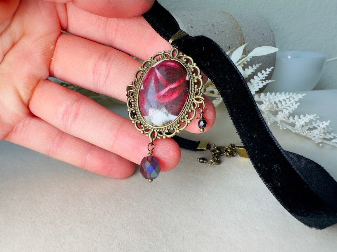 Victorian Choker with Burgundy Rose Vintage Cameo and Black Velvet Ribbon, Handmade Gothic Choker with Flower Pendant and Crystals