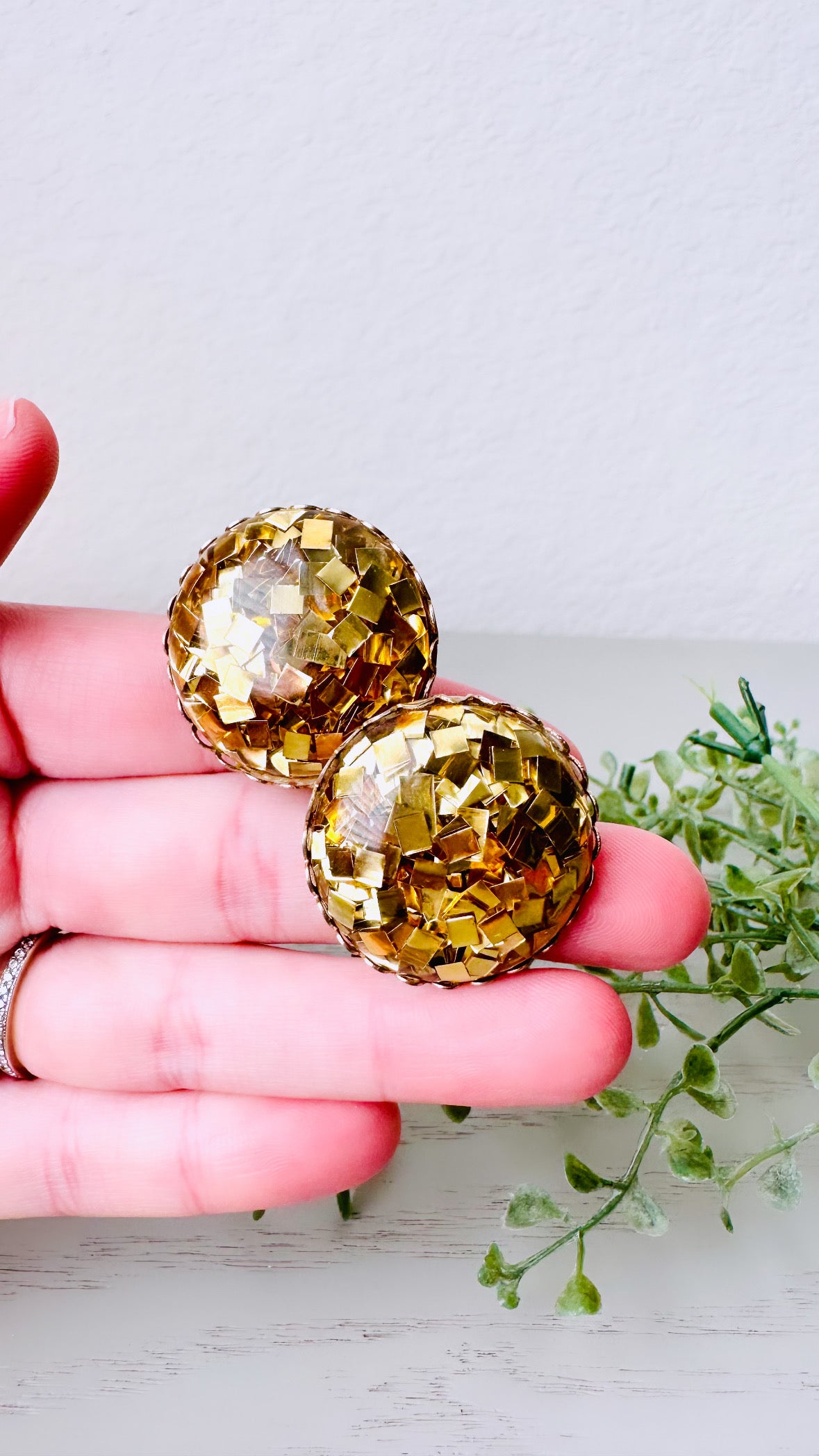 Gold Confetti Earrings, Oversized Vintage Statement Earrings, Gold Earrings, Sparkling Gold Foil Flake Huge Party Earrings, Awesome Clip Ons