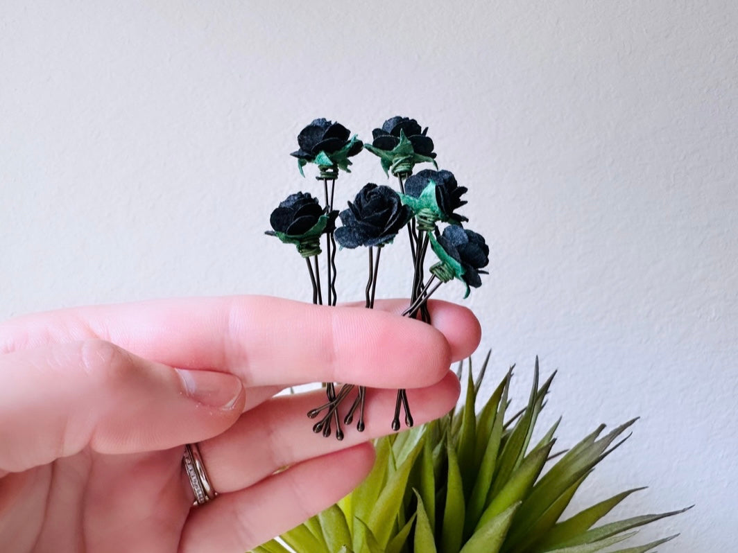 Black Rose Bobby Pins, Black Wedding Flower Hair Pins, Paper Hair Flowers, Jet Black Floral Hair Pin, Bridesmaid Hair Pin, Victorian Wedding MPR6