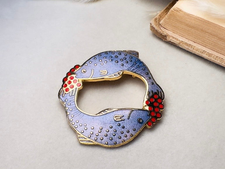 Vintage Pisces Brooch, Periwinkle and Red Signed Carolee Enamel Pin