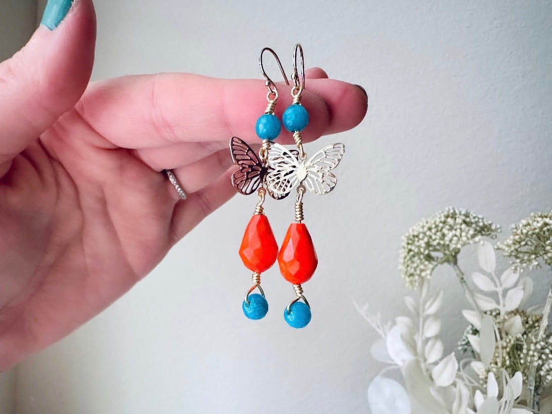 Handmade Butterfly Earrings, Bright Colorful 14k Gold Filigree Butterfly Dangle Earring, Turquoise Blue Agate & Vibrant Orange Crystal Drops