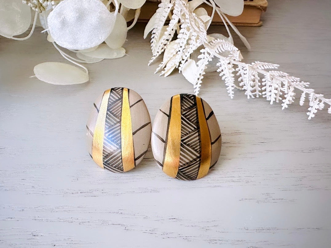 Eclectic Vintage Earrings, Big Oval 80s Earrings, Fun Clip on Earrings, Black and Metallic Silver Gold  Retro 80s Boho Earrings