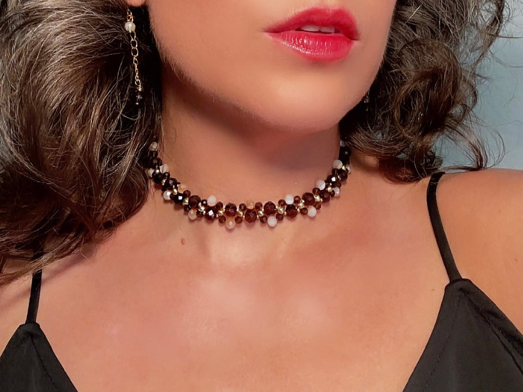 Crystal Choker Necklace, Handmade Beaded Necklace in Fiery Brown, Gold, Amber and Champagne