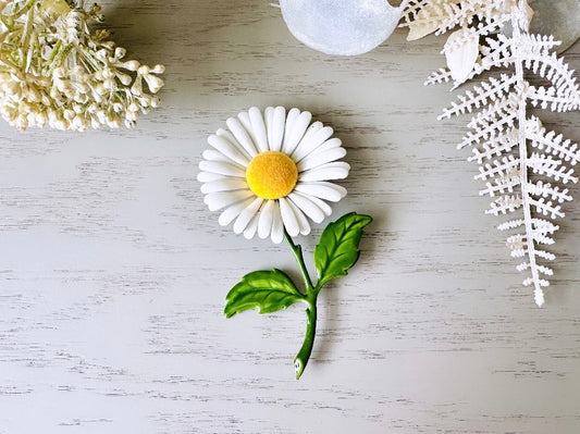 Vintage Daisy Brooch, 1960s White Enamel Flower Brooch with Fuzzy Yellow Center Floral Enamel Pin Vintage Mod 60's Flower Power Retro Brooch