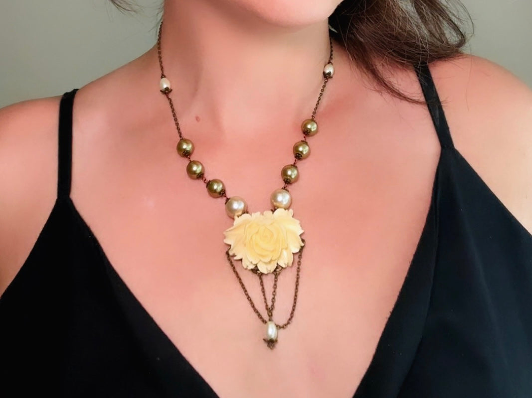 Bridgerton Inspired Necklace, One of a Kind Handmade Cream Rose Cameo Necklace with Draped Chain and Wire Wrapped Pearls Elegant Regency Era