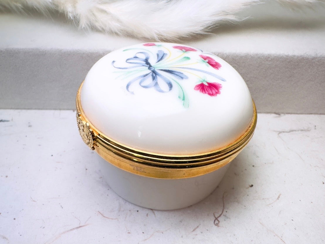 Vintage Lenox Trinket Box, Floral Porcelain Miniature Jewelry Box, Retired Cream Ceramic with Gold Accents, Pink Flowers, Blue Ribbon