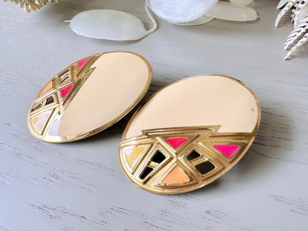 Big Vintage Earrings, 1980s Cream Pink Yellow Gold Oversized Oval Triangle Geometric Berebi 80s Designer Enamel Lace Cut Out Earrings