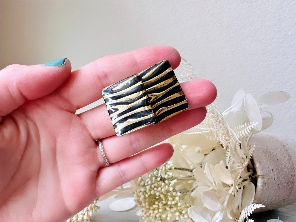 Zebra Print Earrings, Black and Gold Vintage 1980's Stud Earrings, Rectangle Animal Print Earrings, 80s Funky Large Pierced Post Earrings