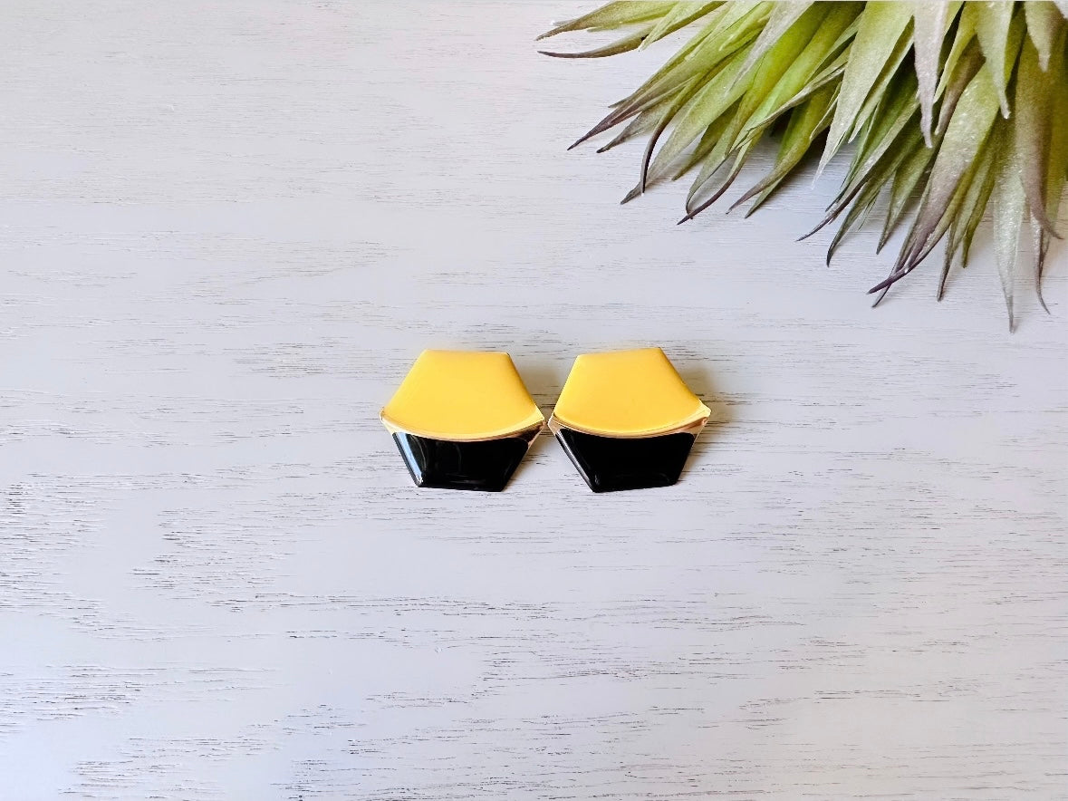 Two-tone Hexagon Earrings, Black and Mustard Yellow Enamel Metal Pierced Earrings, Unique Vintage Gold Accent Pierced Post Earrings