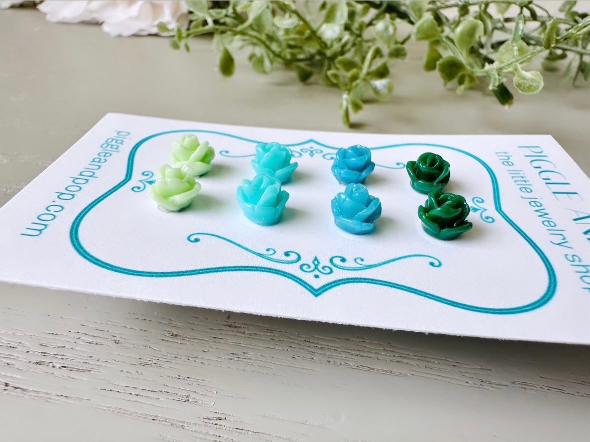 Earring Stud Set, Green and Yellow, Tiny Rose Earrings, Small Flower Earrings, Resin Stud Earrings, Rose Stud Earring Set, Cute Rose Earring (Copy)