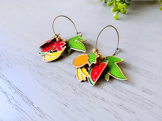 Berebi Fruit Earrings, Vintage Pineapple Watermelon Banana Earrings, Fun Fruit Salad Earrings, Pierced Enamel Hoop Earrings, Colorful Retro Kitsch Earrings