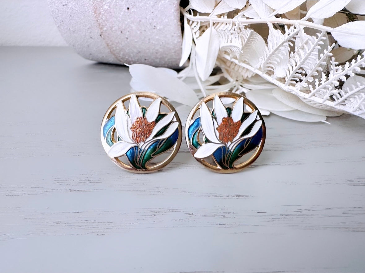 White Lily Clip On Earrings, Unique Enamel Cut Out Earrings, Gorgeous Vintage Lily Earrings in Gold, Green and Blue Cloisonné Earrings