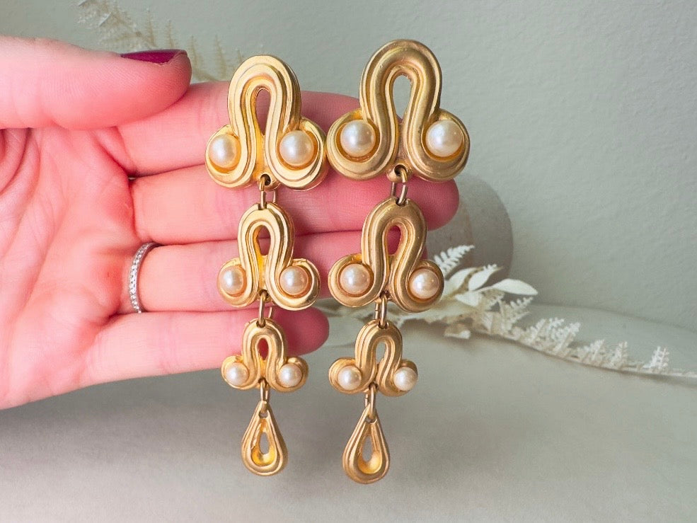 Vintage Blanca Designer Pearl Drop Oversized Matte Gold Clip On Earrings