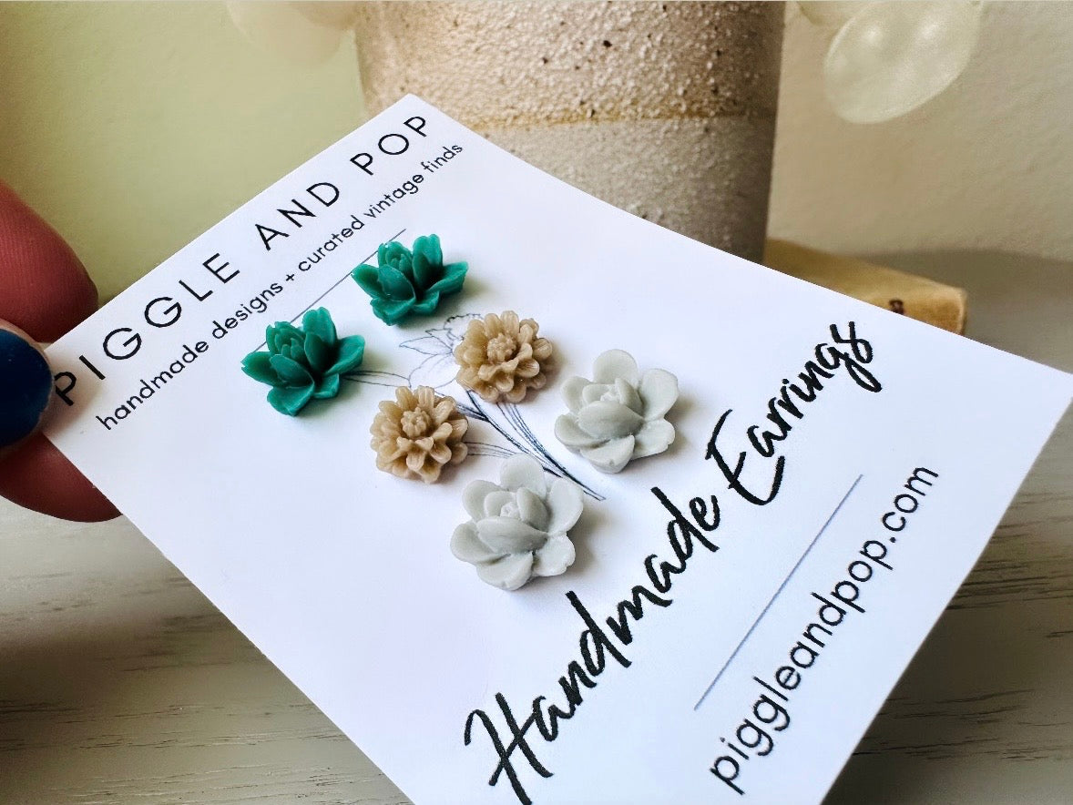 Botanical Post Earrings Set, Flower Stud Earrings in Emerald Green, Latte Brown and Cool Grey Earring Gift Set, Cute Floral Resin Earrings handmade by Piggle and Pop