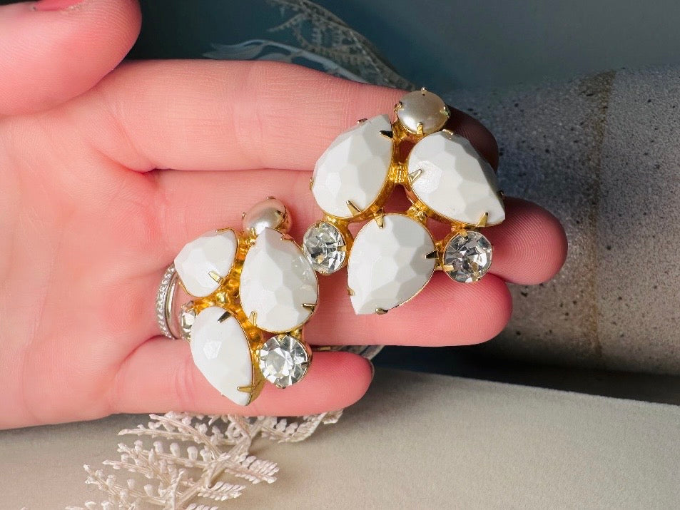 Vintage White Earrings, Pearl and Rhinestone Gold Clip On Cluster Earrings, 1960s Designer Vintage Kenneth Jay Lane Statement Earrings