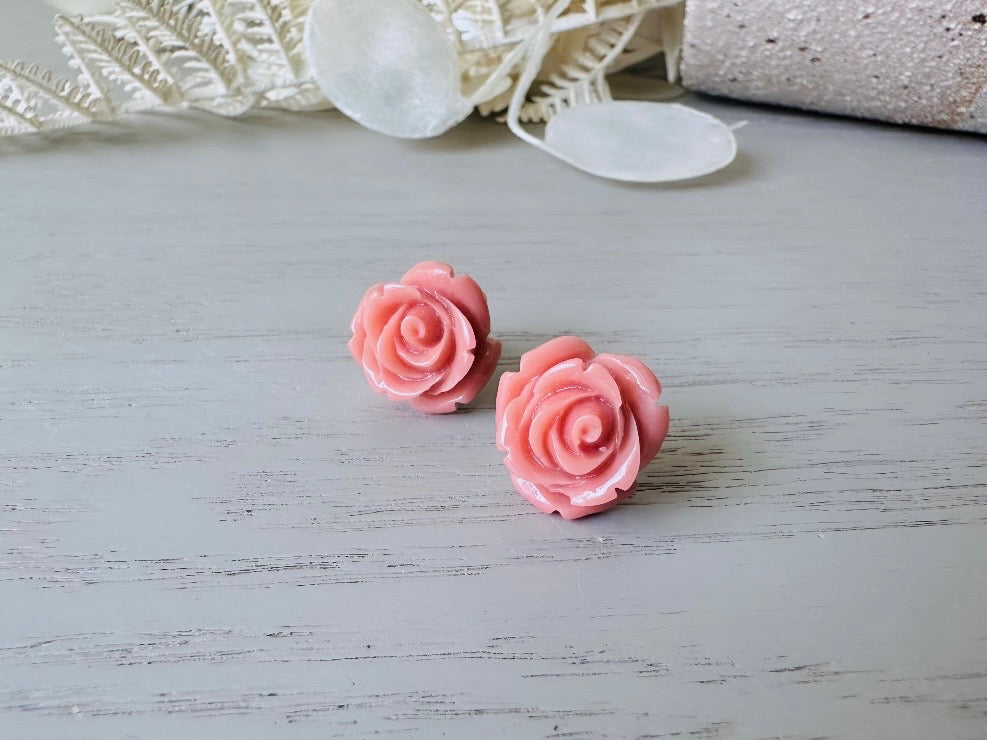 Coral Pink Rose Earrings, Large Rose Stud Earrings, Resin Cabochon Rosettes Hypoallergenic Surgical Steel Handmade Earrings Sensitive Ears