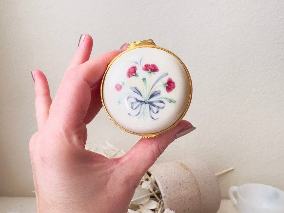Vintage Lenox Trinket Box, Floral Porcelain Miniature Jewelry Box, Retired Cream Ceramic with Gold Accents, Pink Flowers, Blue Ribbon