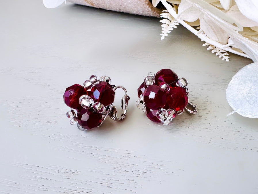 Red Vintage Marvella Beaded Cluster Earrings, Faceted Deep Ruby Red Vintage Earrings, Glass Woven Bead Popcorn Style 1950s Clip On Earrings by Piggle and Pop a woman owned Texas based boutique in Frisco.