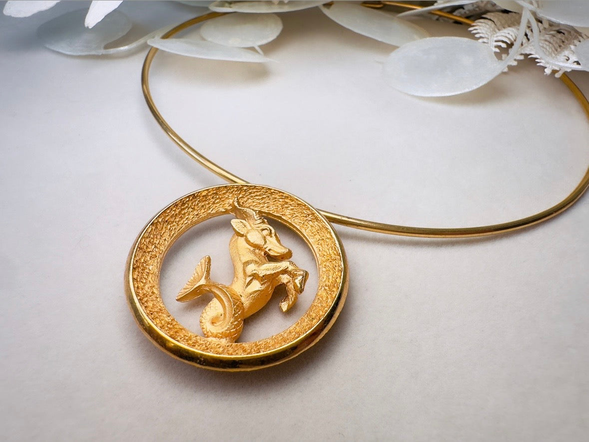 Capricorn Zodiac Necklace, Rare Signed Crown Trifari Designer Matte Gold Hoop Choker Astrology Necklace
