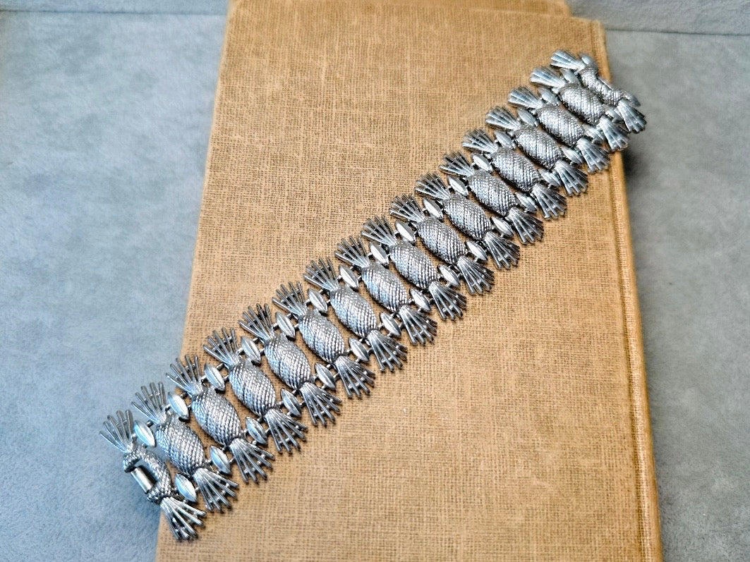 Vintage Silver Bracelet, Thick Articulated Metal Panel Bracelet, Large Chunky Silver Sarah Coventry Simply Elegant Pineapple Bracelet