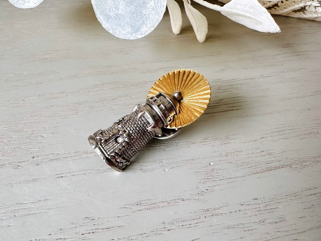 Vintage Lighthouse Pin, Silver and Gold Tie Tack Lapel Pin, Detailed Golden Beacon Nautical Birthday, Mariner Groom Accessories