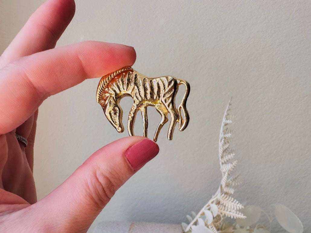 Gold Zebra Brooch Pin, Vintage Wild Zebra Pin, Fun 1980s Jewelry, 80s Gold Vintage Brooch