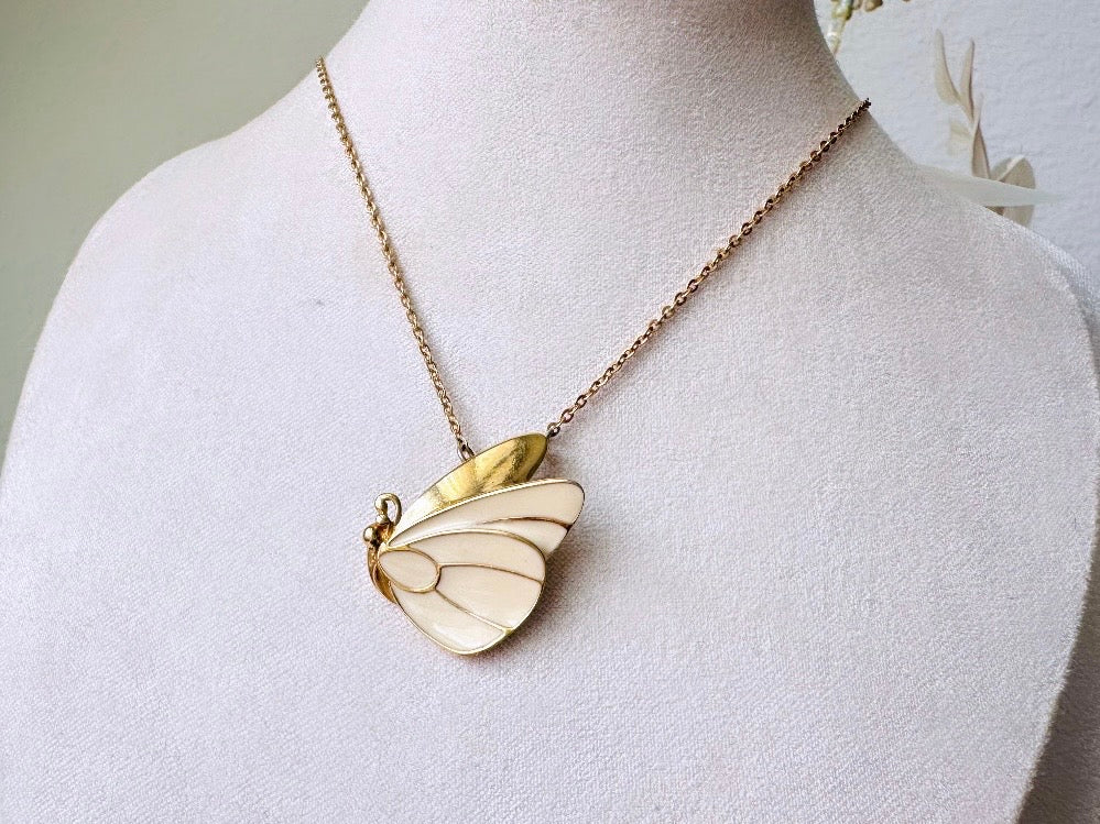 Butterfly Pendant Necklace, Cream and Gold Enamel Vintage Necklace, Monet Butterfly Necklace, Classic Dainty Chain Vintage Necklace 16"