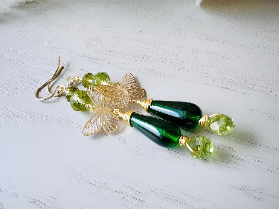 Green Butterfly Earrings, Bridgerton Inspired Handmade 14k Gold Filigree Butterfly Green Crystal Dangle Earrings, Woodland Whimsical Earring by Piggle and Pop