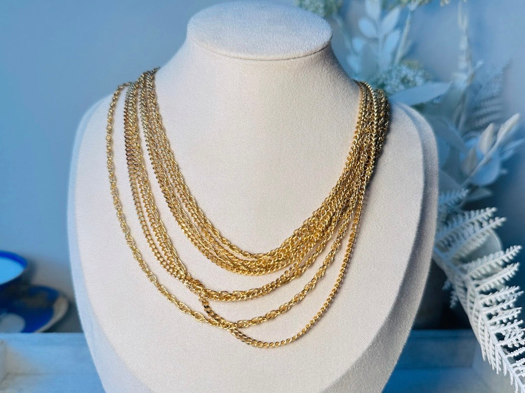 Vintage Gold Chain Multistrand Necklace, Gorgeous 8 Strand Fine Gold Chain Layered Necklace with Beautiful Butterfly Clasp
