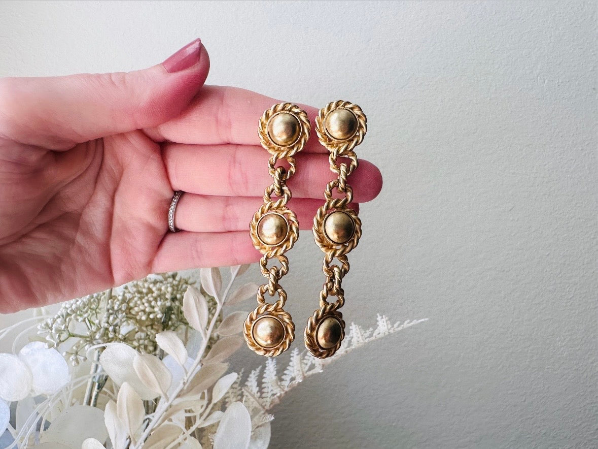 Matte Gold Drop Chain Earrings, Erwin Pearl Vintage Clip On Earrings, 1980s Dramatic Gold Earrings, Triple Link Chain Rope Border Earrings