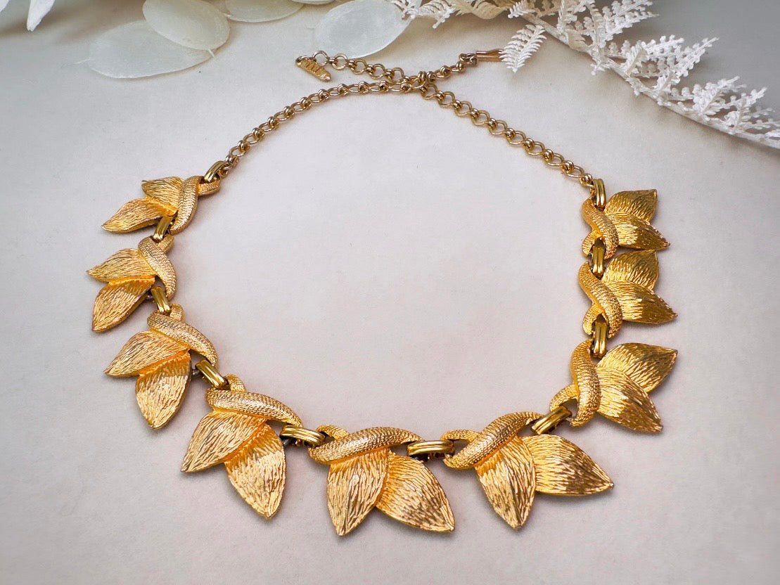 Gold Leaf Necklace, 1960s Vintage Golden Leaves Choker by Tara 5th Ave, Nature Inspired Textured Floral Choker with Adjustable Closure