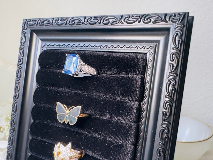 002 Black Velvet Jewelry Display Frame, Handmade Victorian Style Midnight Black Ring Holder
