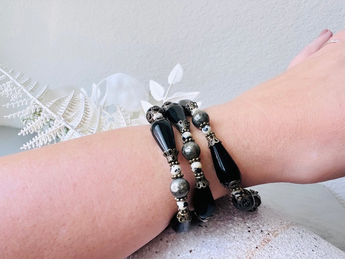 Black Gemstone Bracelet, Handmade Dalmatian Jasper, Czech Glass + Natural Pyrite Stone Bracelet, Unique Beaded Bracelet with Bronze Accents