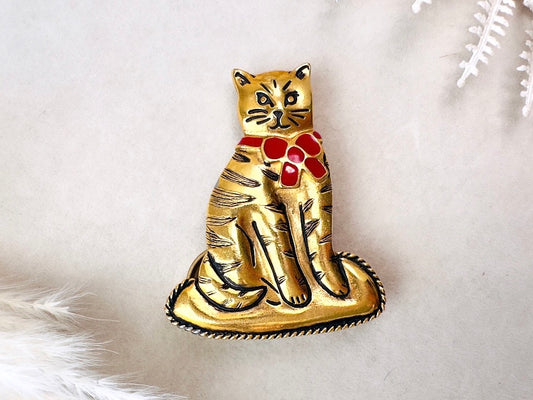 Vintage Cat Brooch, Anne Klein Gold Cat Pin with Red Ribbon Bow, 1980s Vintage Cat Pin, Gold Cat Kitty Broach, Big Statement Animal Brooch