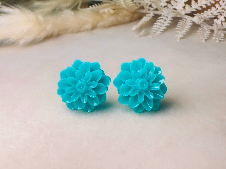 Turquoise Flower Earrings, Teal Chrysanthemum Post Earrings